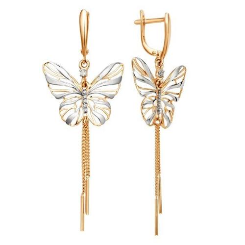 Золотые длинные серьги с фианитом ДИНАСТИЯ 001752-1102