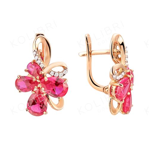 Золотые серьги с рубиновым корундом и фианитом МАСТЕР БРИЛЛИАНТ 02-1-645-1601-011
