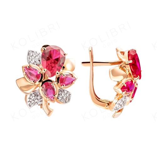 Золотые серьги с рубиновым корундом и фианитом МАСТЕР БРИЛЛИАНТ 02-2-659-1601-011