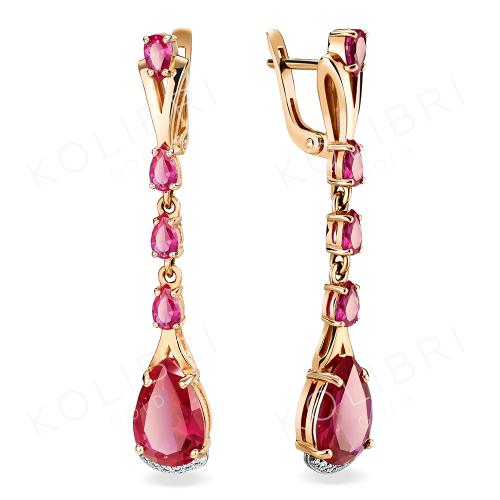 Золотые длинные серьги с рубиновым корундом и фианитом БОЛЬШАКОВ 2-323