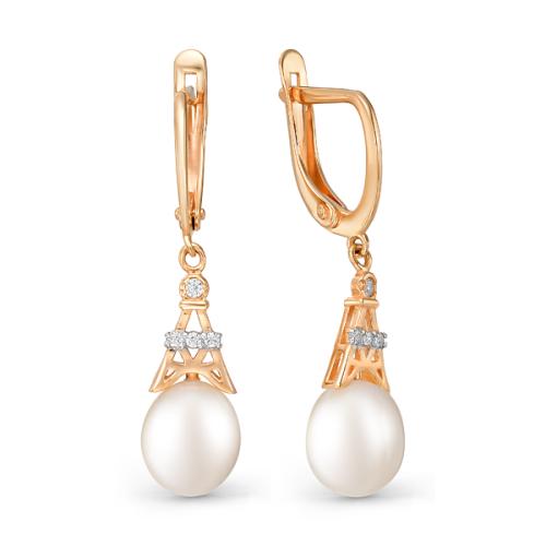 Золотые длинные серьги с жемчугом и фианитом DEFLEUR 22085A1 Золотые длинные серьги с жемчугом и фианитом DEFLEUR 22085A1