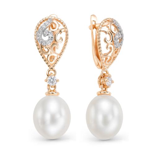 Золотые серьги с жемчугом и фианитом DEFLEUR 22422A1