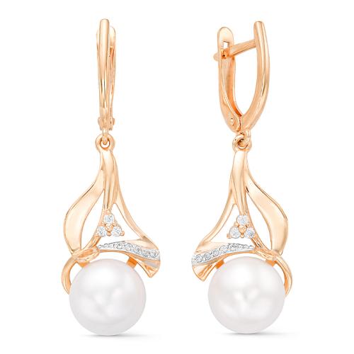 Золотые длинные серьги с жемчугом и фианитом DEFLEUR 22432A1 Золотые длинные серьги с жемчугом и фианитом DEFLEUR 22432A1