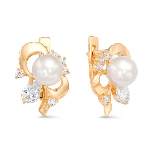 Золотые серьги с жемчугом и фианитом DEFLEUR 32034A1
