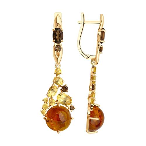 Золотые серьги с раухтопазом и янтарём SOKOLOV 724471