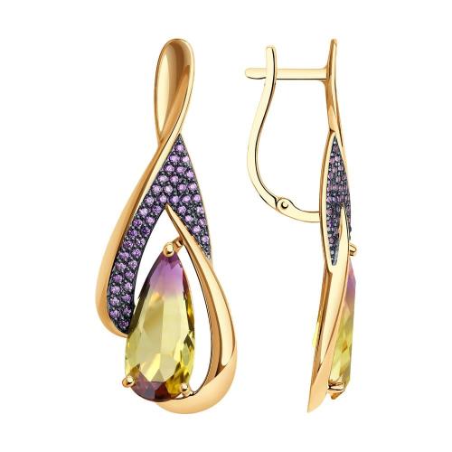 Золотые серьги с аметрином и фианитом SOKOLOV 725067