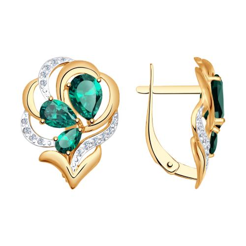 Золотые серьги с изумрудом гидротермальным и фианитом SOKOLOV 727278
