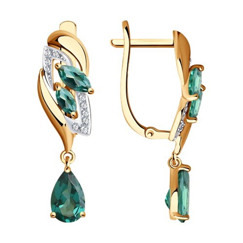 Золотые длинные серьги с изумрудом гидротермальным и фианитом SOKOLOV 727279