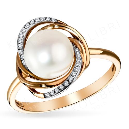 Золотое кольцо с бриллиантом и жемчугом ВЫСТАВКА R471-D-14152WPR