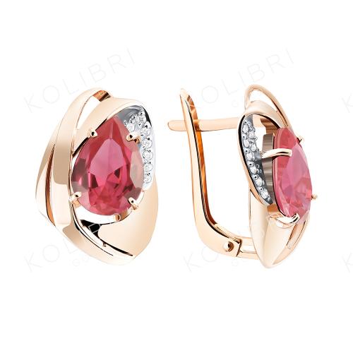Золотые серьги с рубиновым корундом и фианитом АЛЕКСАНДРА кл3936а-30-01