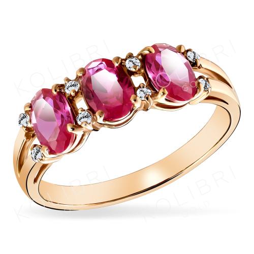 Золотое кольцо с рубиновым корундом и фианитом ЗОЛОТОЙ КРИСТАЛЛ ОК-431_КОРР