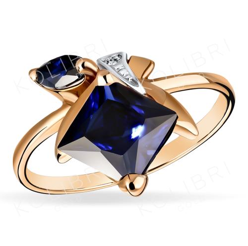 Золотое кольцо с сапфиром гидротермальным и фианитом ЗОЛОТОЙ КРИСТАЛЛ ОК-727_КОРС