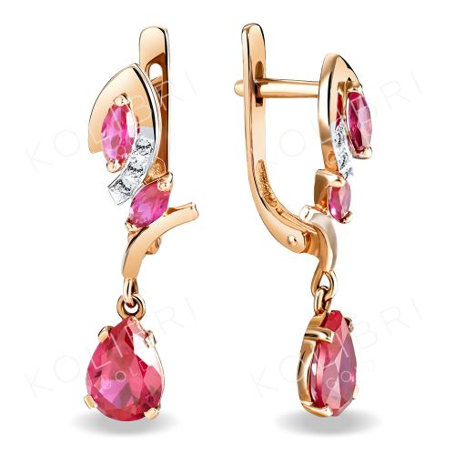 Золотые серьги с рубиновым корундом и фианитом ЗОЛОТОЙ КРИСТАЛЛ ОС-580_КОРР