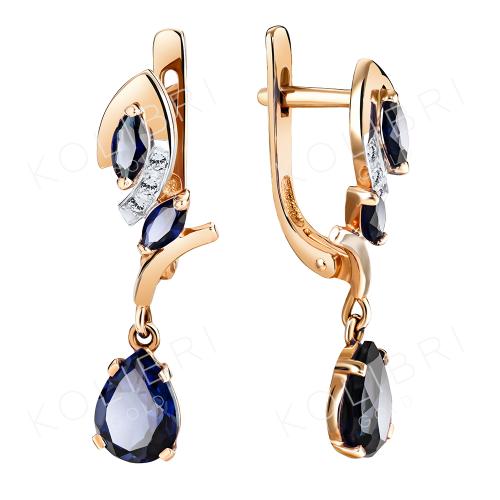 Золотые серьги с сапфиром гидротермальным и фианитом ЗОЛОТОЙ КРИСТАЛЛ ОС-580_КОРС