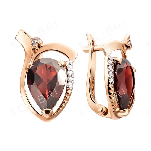 Золотые серьги с гранатом и фианитом ЗОЛОТОЙ КРИСТАЛЛ С-868_НГ