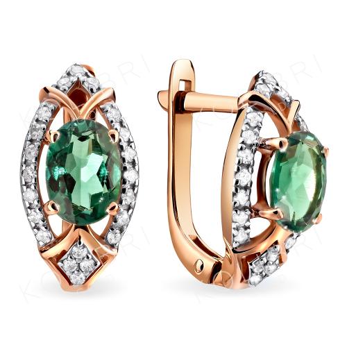 Золотые серьги с бриллиантом и изумрудом гидротермальным ЕФРЕМОВ С1388195