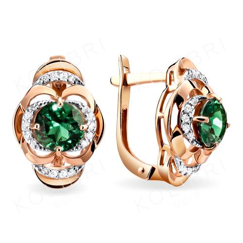 Золотые серьги с бриллиантом и изумрудом гидротермальным ЕФРЕМОВ С1388347