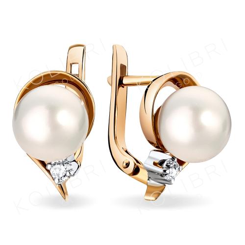 Золотые серьги с жемчугом и фианитом СЕНАТ С253-15