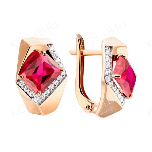 Золотые серьги с рубиновым корундом и фианитом АЛЕКСАНДРА кл2970а-30-01