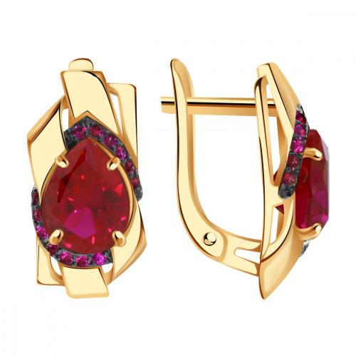 Золотые серьги с рубиновым корундом и фианитом АЛЕКСАНДРА кл3949а-30-01