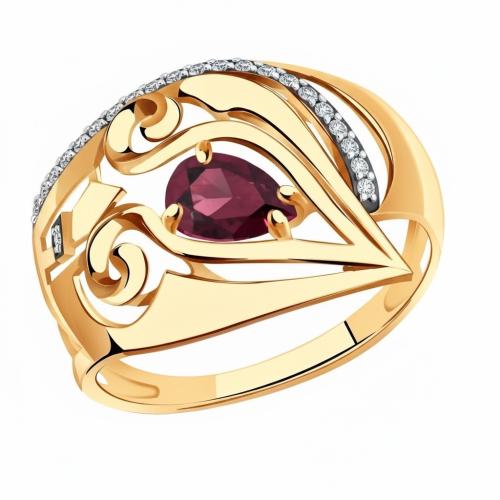 Золотое кольцо с рубиновым корундом и фианитом АЛЕКСАНДРА кл4060-30-01